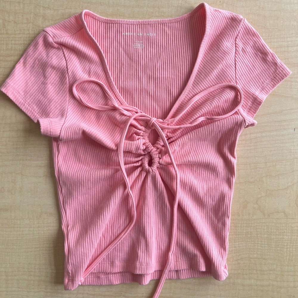American Eagle Outfitters Pink Ribbed Ruched Blouse
